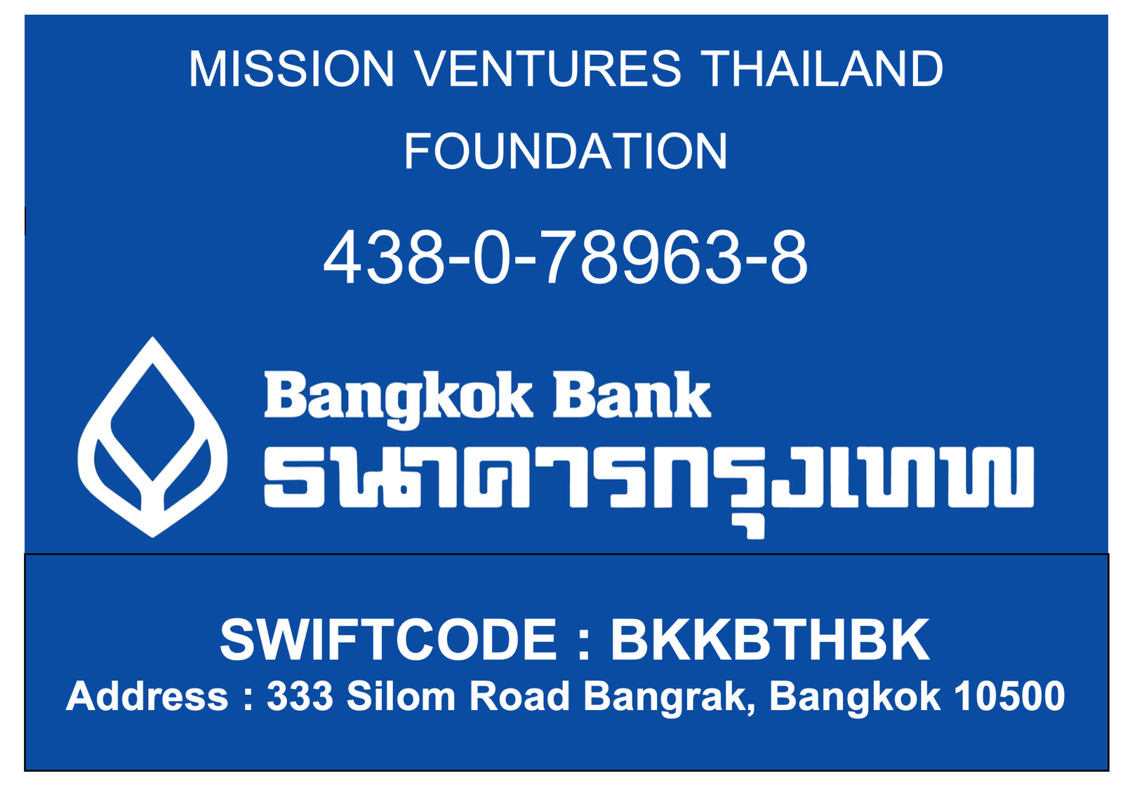 Mission Ventures Thailand Foundation bank information